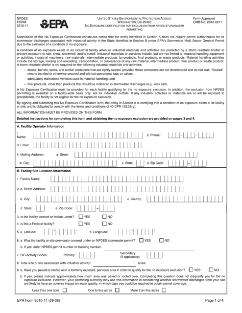 NPDES Form 3510-11 No Exposure Certification for Exclusion From Npdes Stormwater Permitting