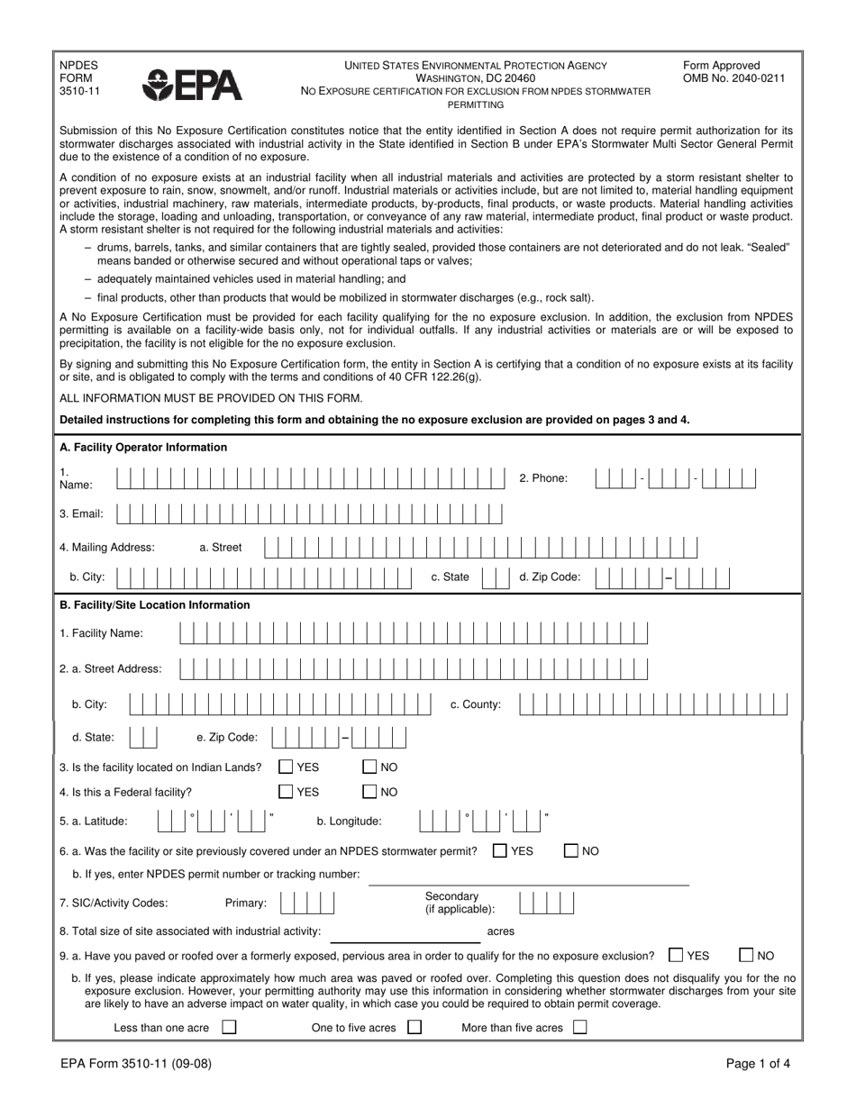 NPDES Form 3510-11 No Exposure Certification for Exclusion From Npdes Stormwater Permitting, Page 1