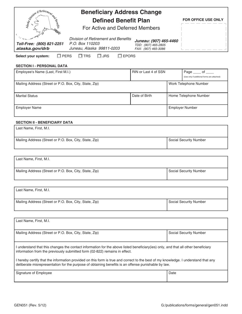 Form GEN051 Beneficiary Address Change Defined Benefit Plan for Active and Deferred Members - Alaska, Page 1