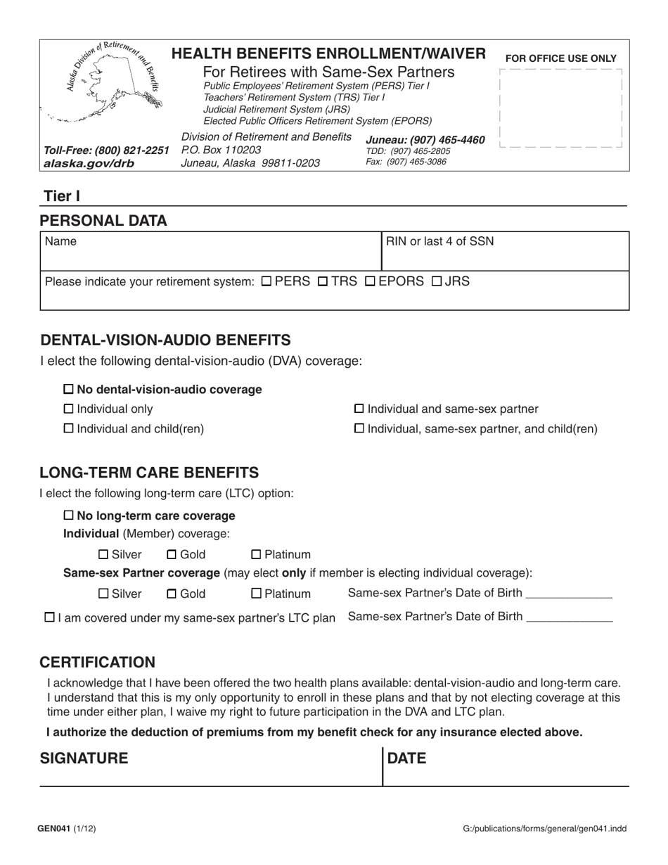 Form GEN041 Health Benefits Enrollment / Waiver for Retirees With Same-Sex Partners - Alaska, Page 1