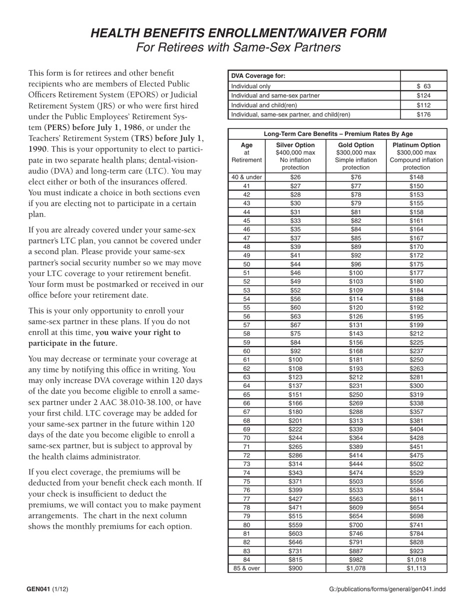 Form GEN041 Health Benefits Enrollment / Waiver for Retirees With Same-Sex Partners - Alaska, Page 2