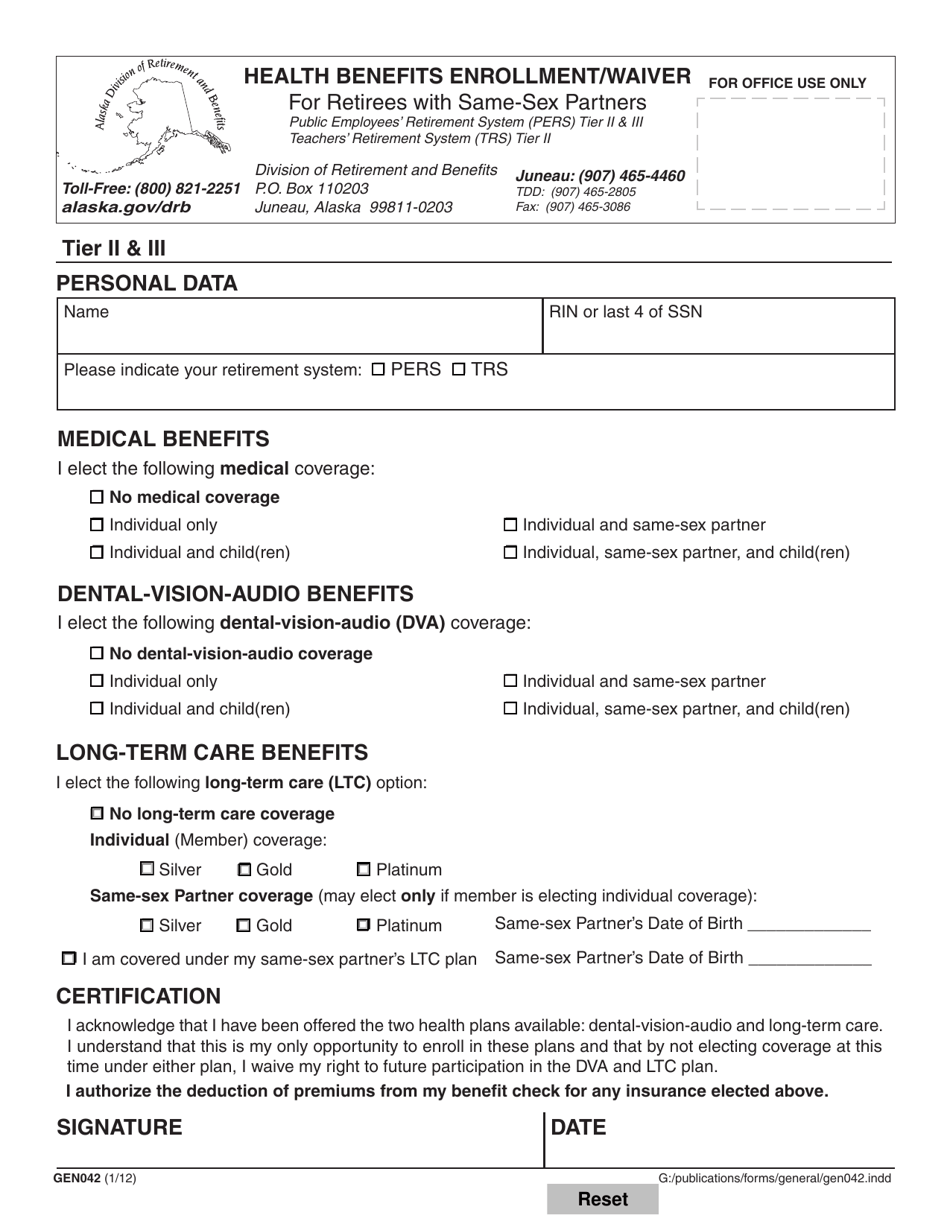 Form GEN042 Health Benefits Enrollment / Waiver for Retirees With Same-Sex Partners - Alaska, Page 1