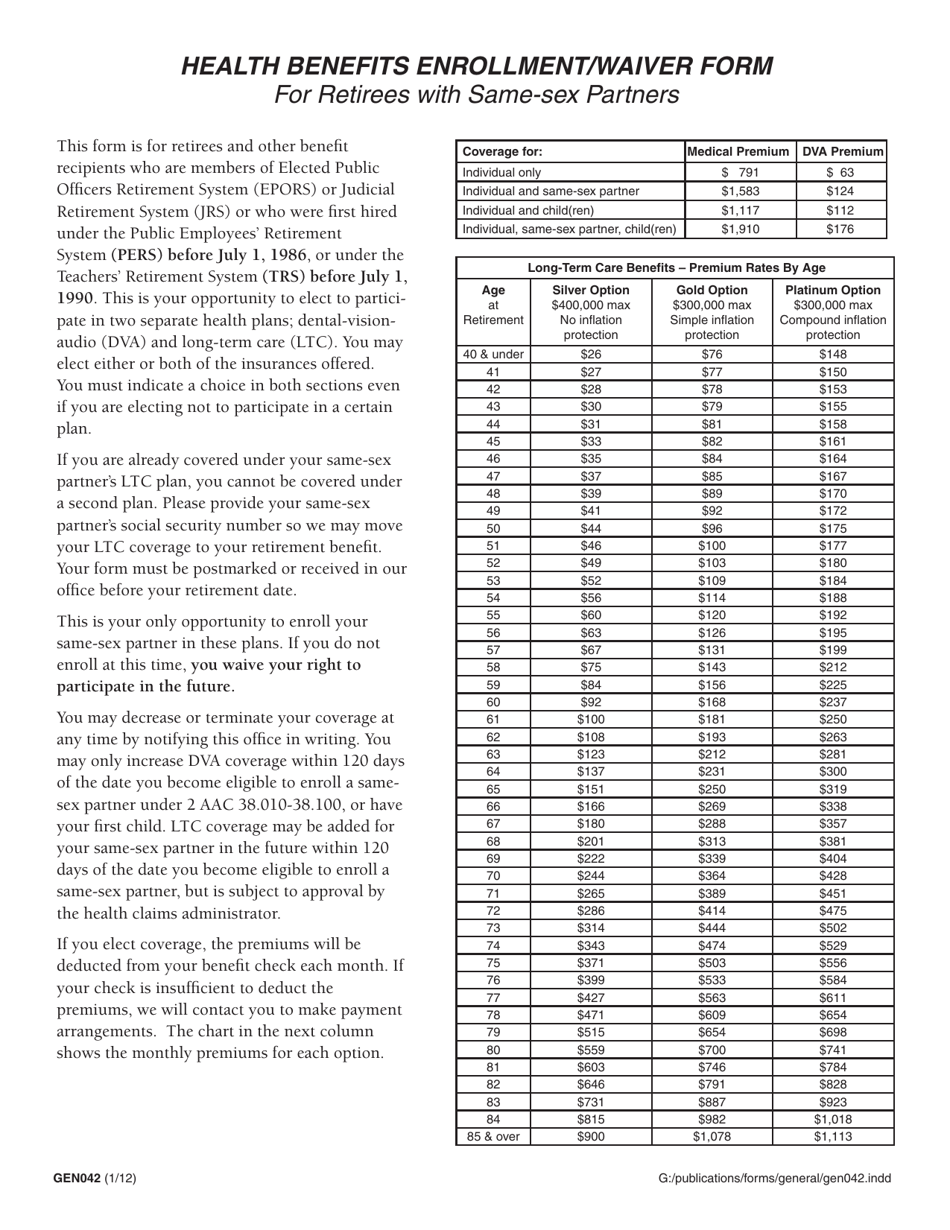 Form GEN042 Health Benefits Enrollment / Waiver for Retirees With Same-Sex Partners - Alaska, Page 2