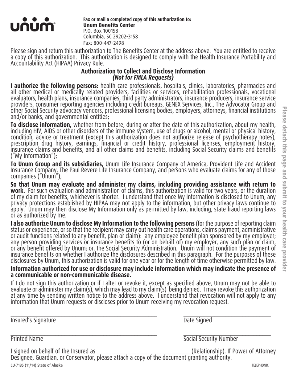 Form CU-7185 Authorization to Collect and Disclose Information - Unum - Alaska, Page 1