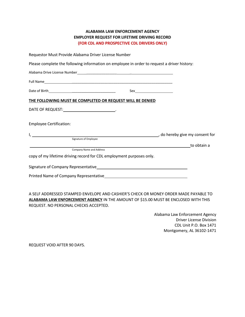 Employer Request for Lifetime Driving Record - Alabama, Page 1