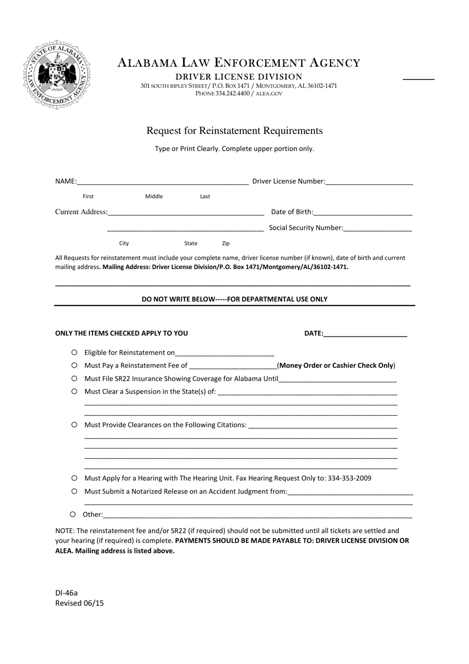 Form DI-46A Request for Reinstatement Requirements - Alabama, Page 1
