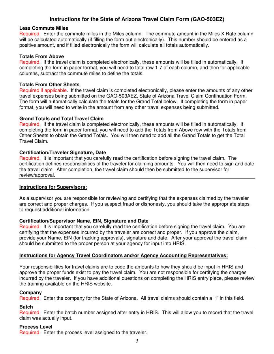 Instructions for Form GAO-503EZ State of Arizona Travel Claim Form - Arizona, Page 3