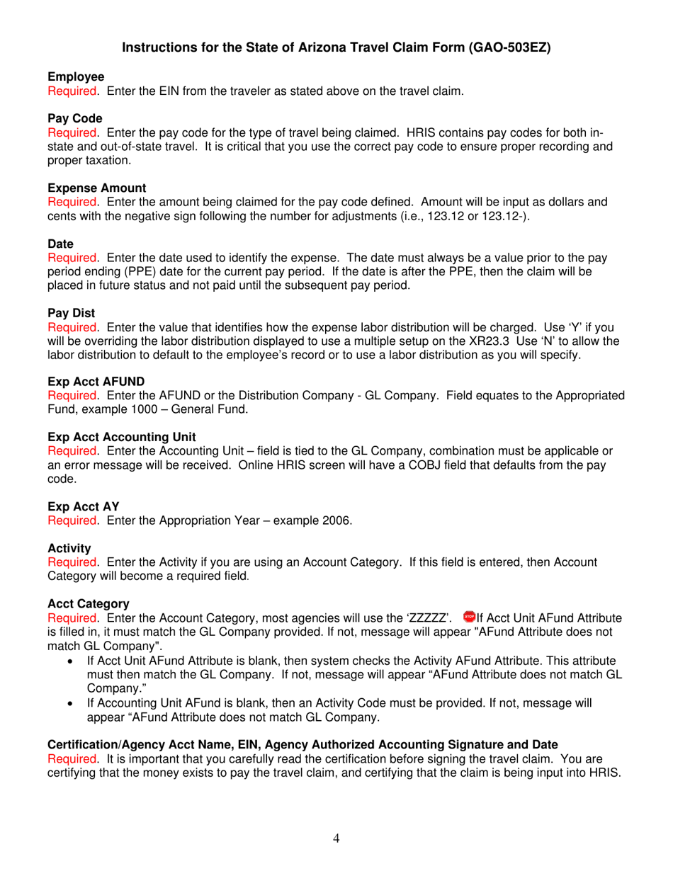 Instructions for Form GAO-503EZ State of Arizona Travel Claim Form - Arizona, Page 4