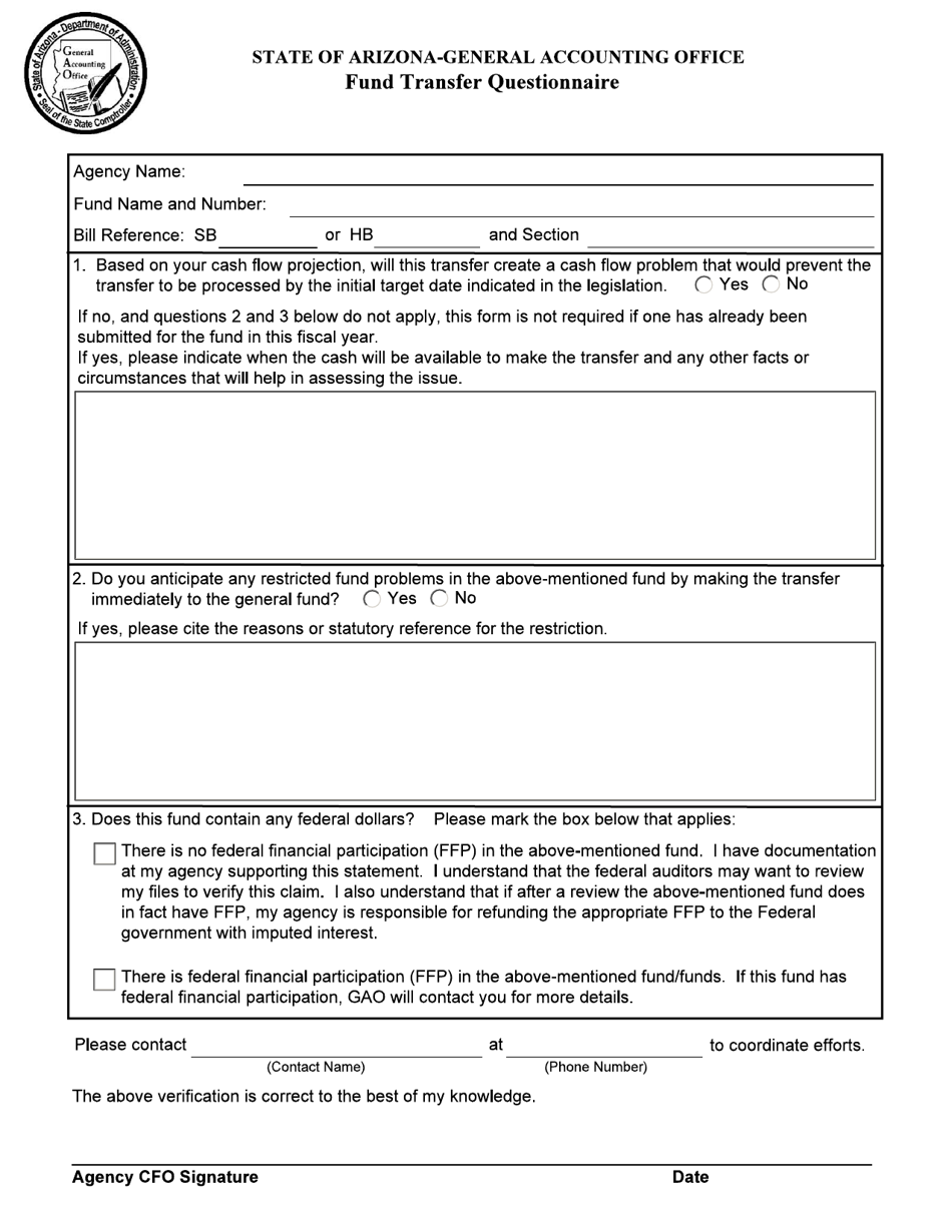Fund Transfer Questionnaire - Arizona, Page 1