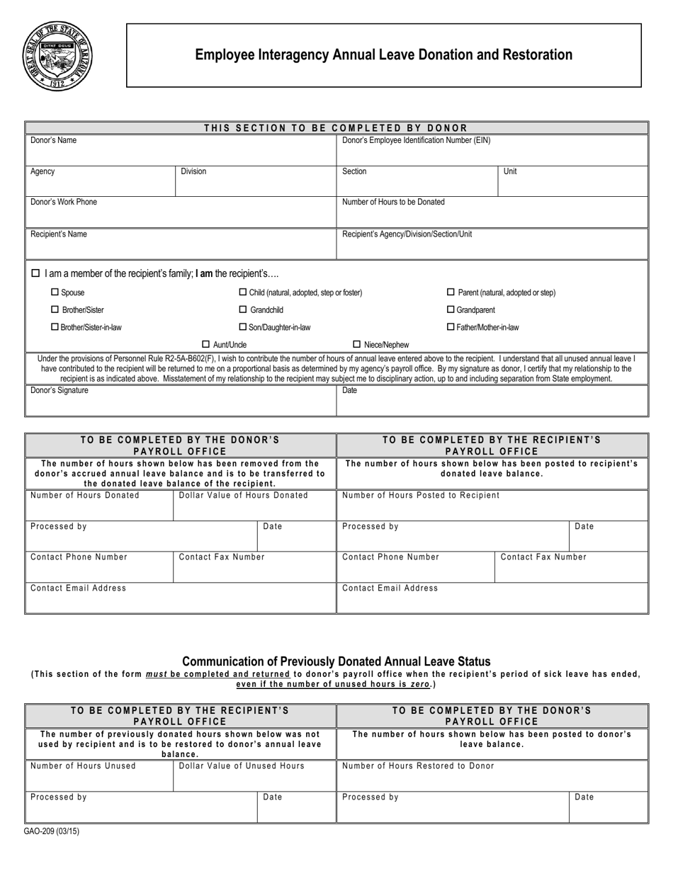 Form GAO-209 Employee Interagency Annual Leave Donation and Restoration - Arizona, Page 1