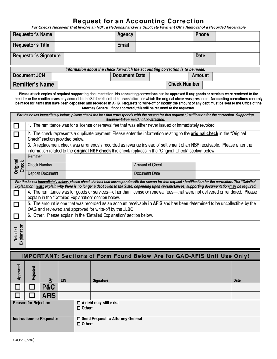 Form GAO-21 Request for an Accounting Correction - Arizona, Page 1