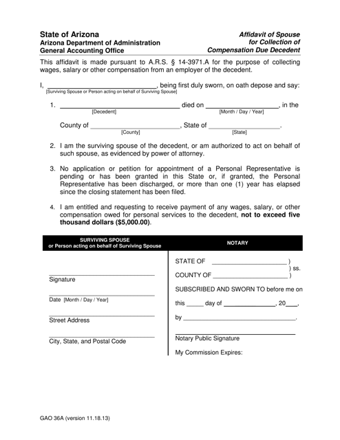 Form GAO-36A Affidavit of Spouse for Collection of Compensation Due Decedent - Arizona