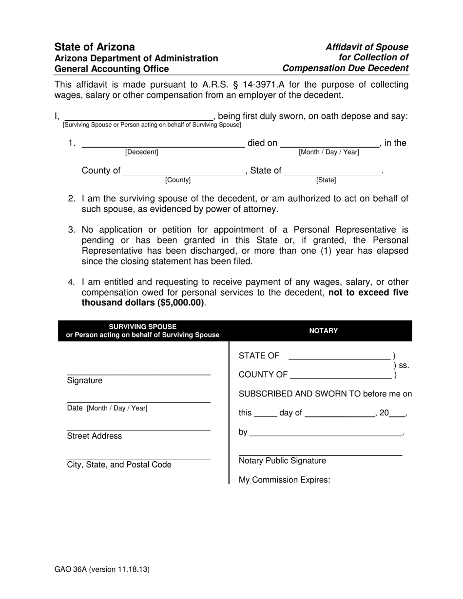 Form GAO-36A Affidavit of Spouse for Collection of Compensation Due Decedent - Arizona, Page 1