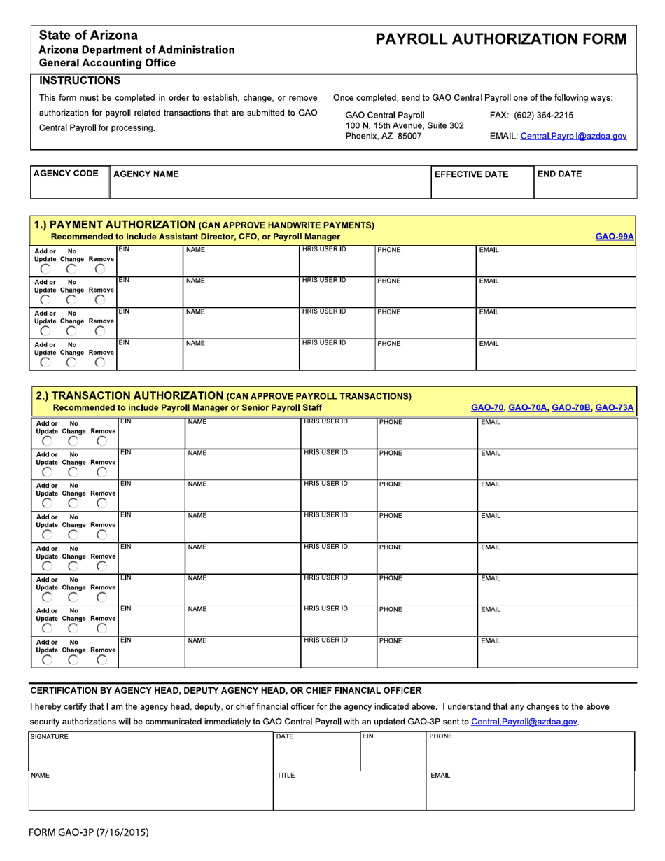 Form GAO-3P Payroll Authorization Form - Arizona, Page 1