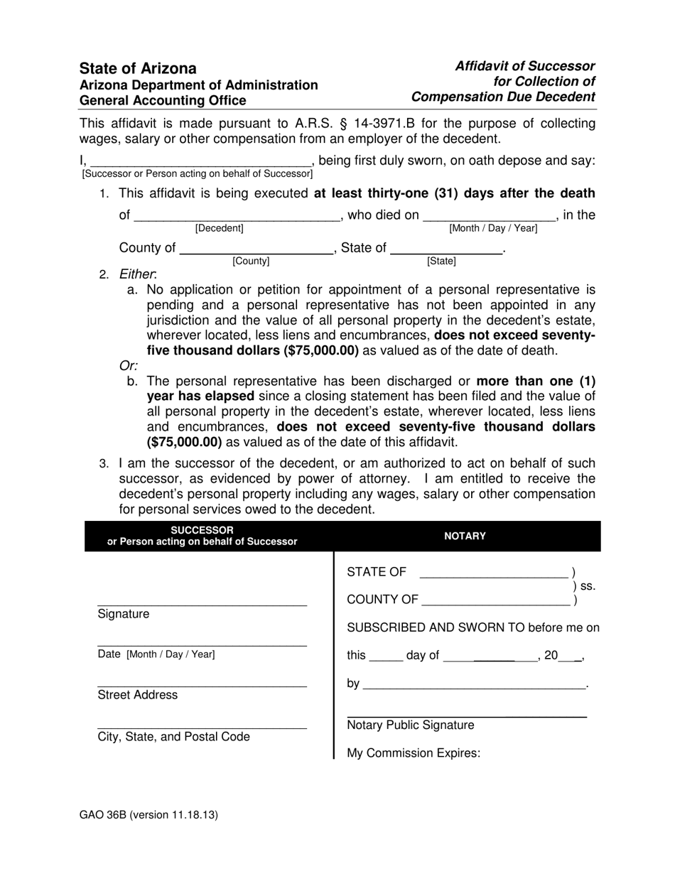 Form GAO-36B Affidavit of Successor for Collection of Compensation Due Decedent - Arizona, Page 1