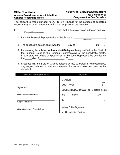 Form GAO-36C Affidavit of Personal Representative for Collection of Compensation Due Decedent - Arizona