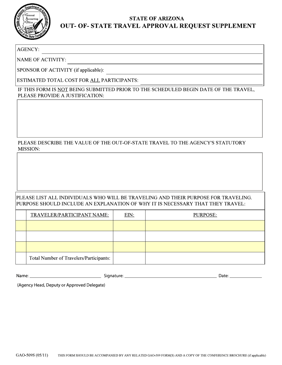 Form GAO-509S Out-of-State Travel Approval Request Supplement - Arizona, Page 1