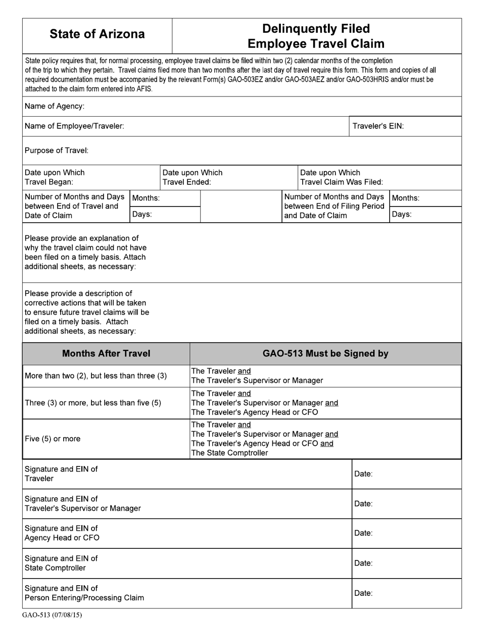 Form GAO-513 Delinquently Filed Employee Travel Claim - Arizona, Page 1