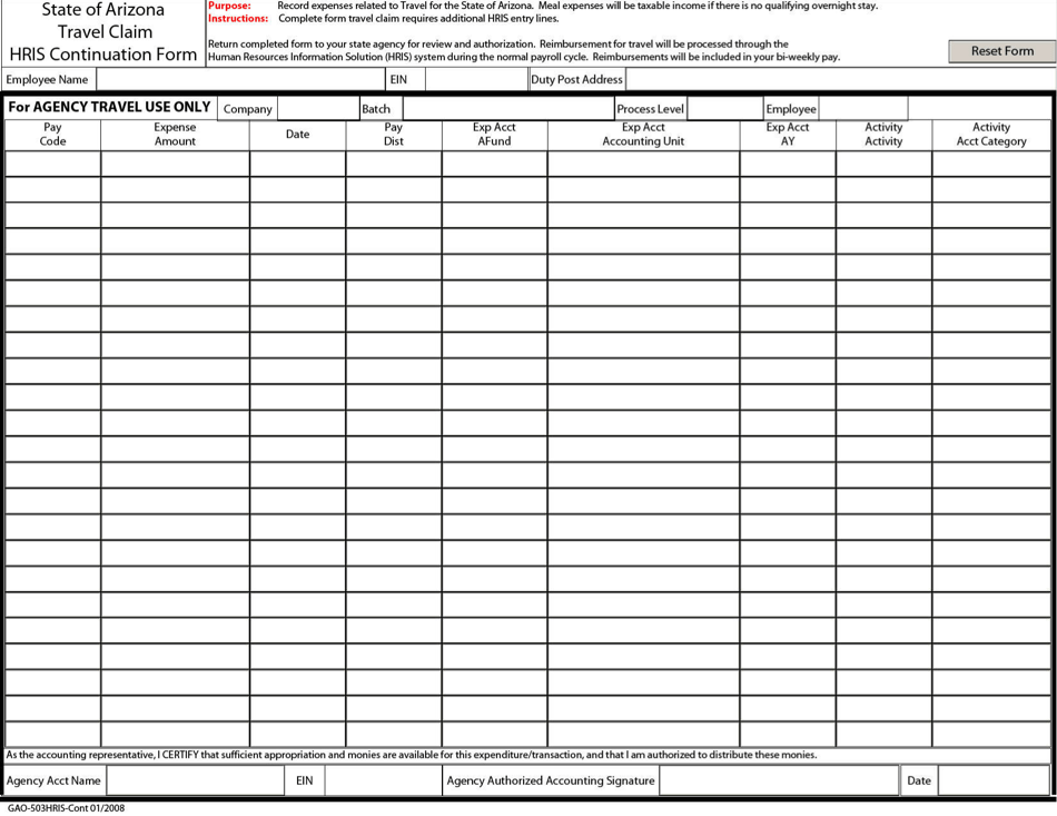 Form GAO-503HRIS State of Arizona Travel Claim Hris Continuation Form - Intended for Travel Entry Personnel Only - Arizona, Page 1