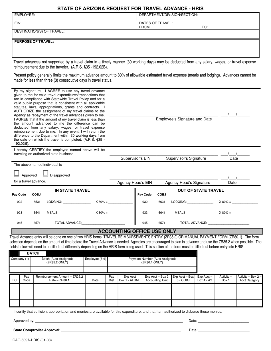 Form GAO-509A-HRIS State of Arizona Request for Travel Advance - Hris - Arizona, Page 1