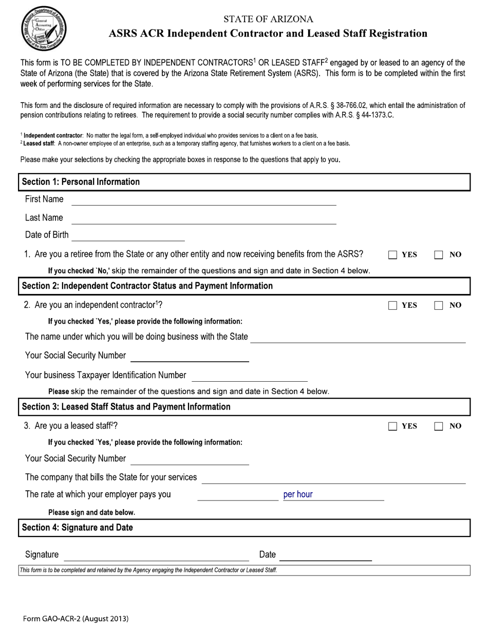 Form GAO-ACR-2 Asrs Acr Independent Contractor and Leased Staff Registration - Arizona, Page 1