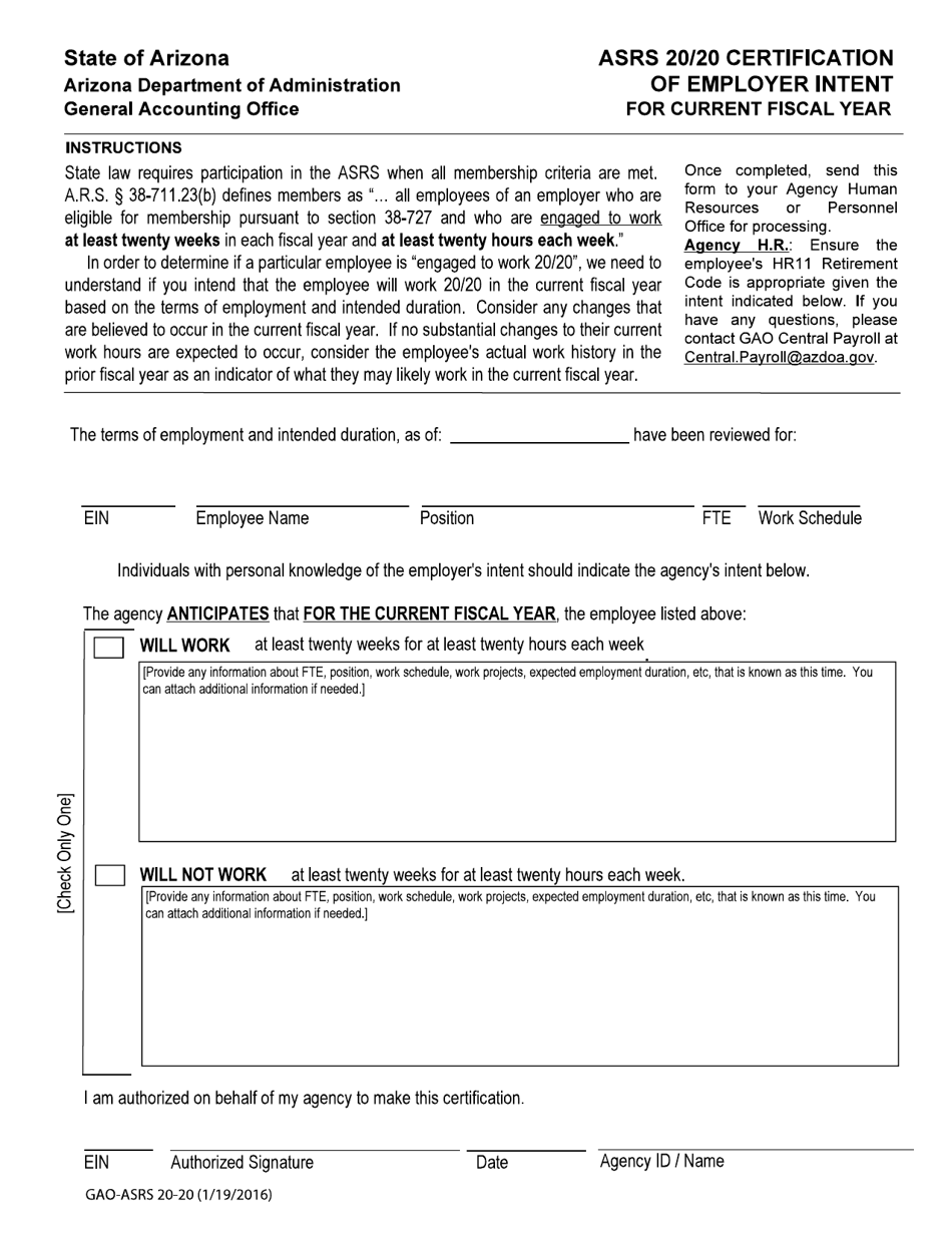 Form GAO-ASRS20-20 Asrs 20 / 20 Certification of Employer Intent - Arizona, Page 1