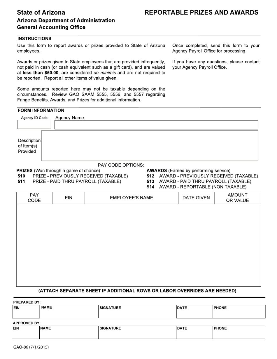 Form GAO-86 Reportable Prizes and Awards - Arizona, Page 1