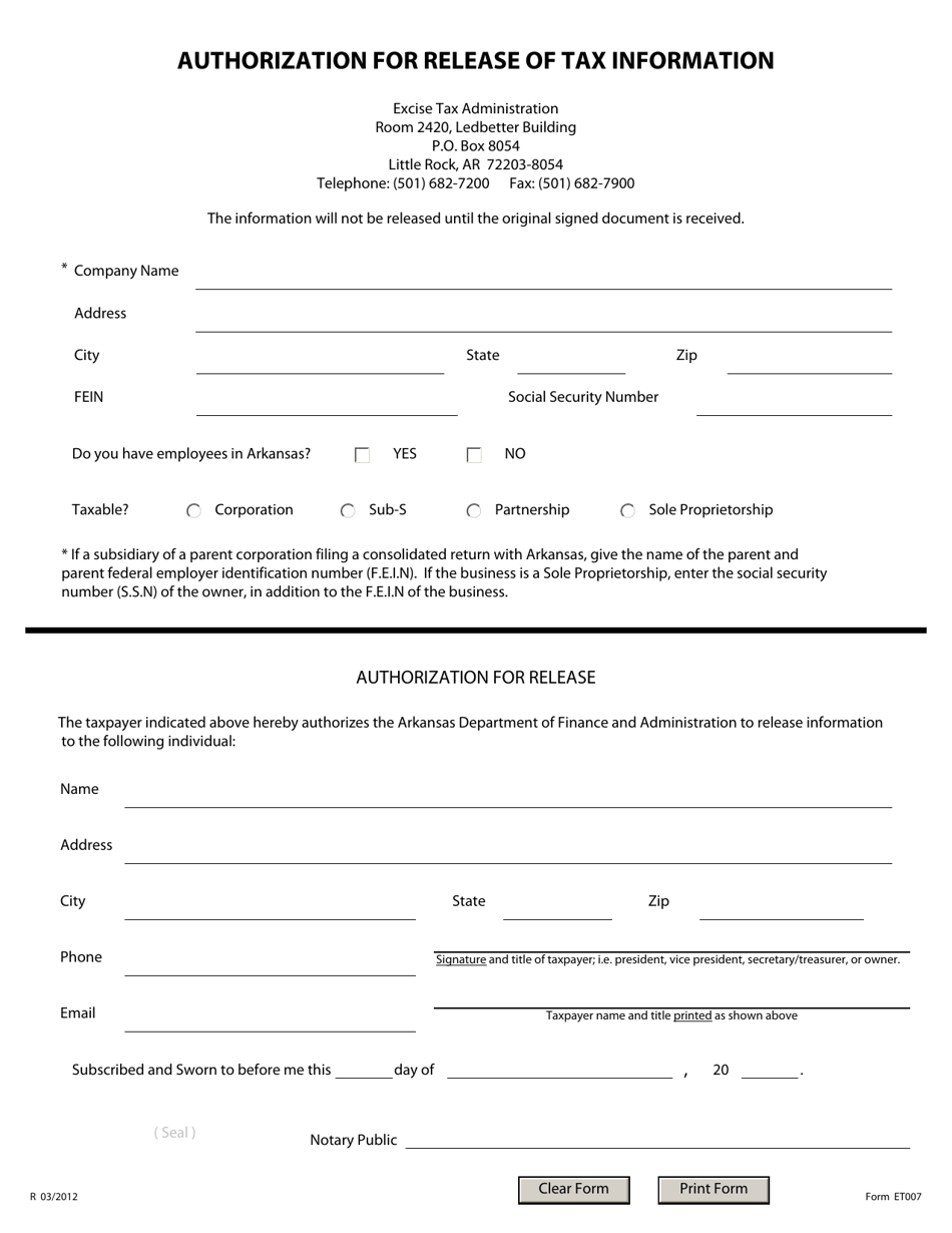 Form ET007 Authorization for Release of Tax Information - Arkansas, Page 1