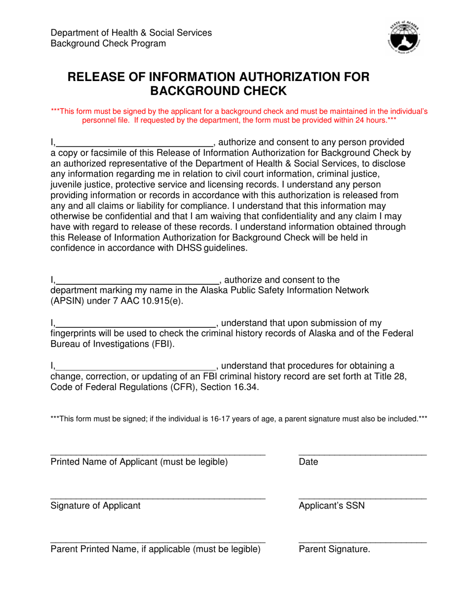 Alaska Release of Information Authorization for Background Check Fill Out, Sign Online and