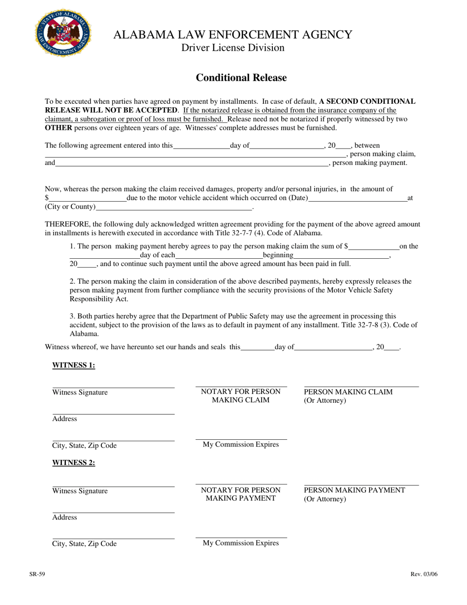 Form SR-59 Conditional Release - Alabama, Page 1