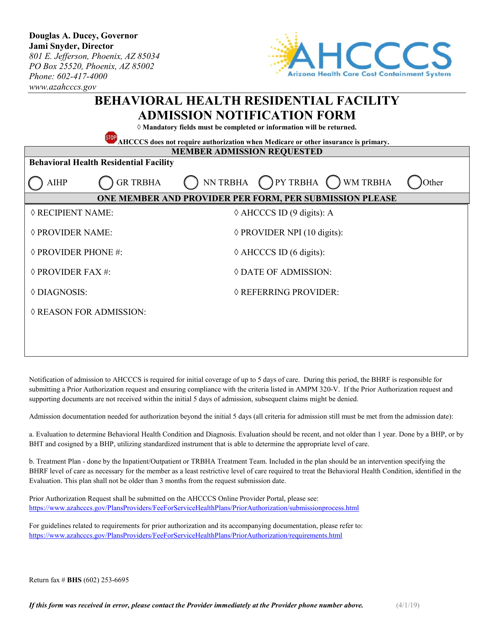 Behavioral Health Residential Facility Admission Notification Form - Arizona Download Pdf