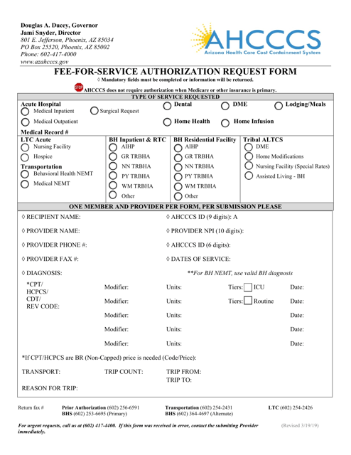 Fee-For-Service Authorization Request Form - Arizona Download Pdf