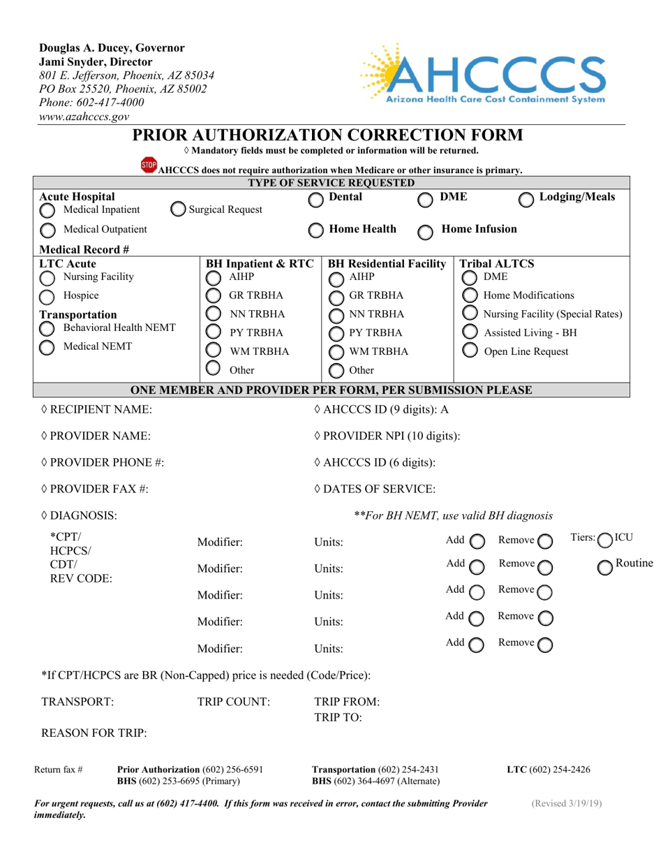 Prior Authorization Correction Form - Arizona, Page 1