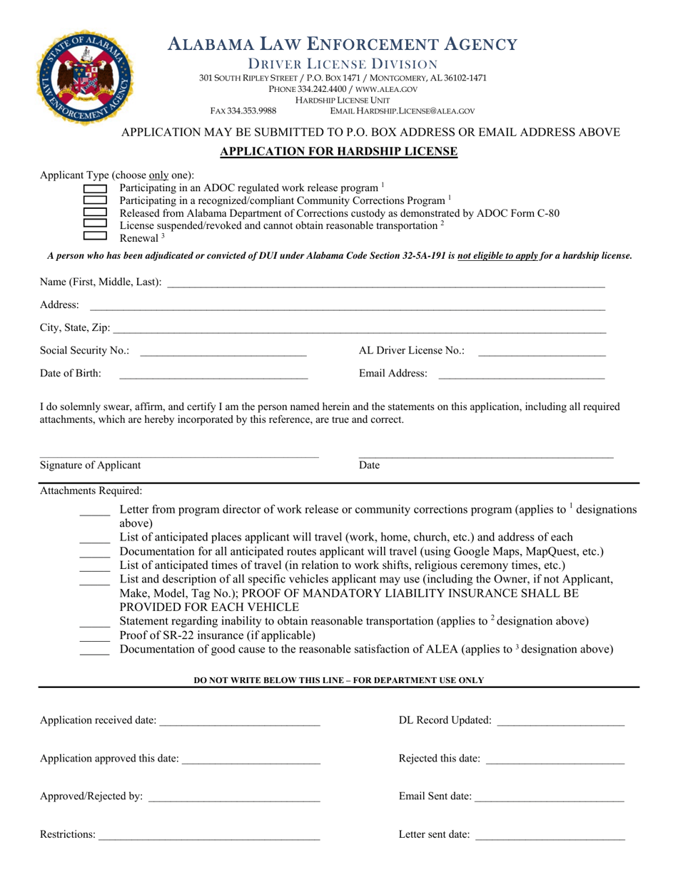 Application for Hardship License - Alabama, Page 1