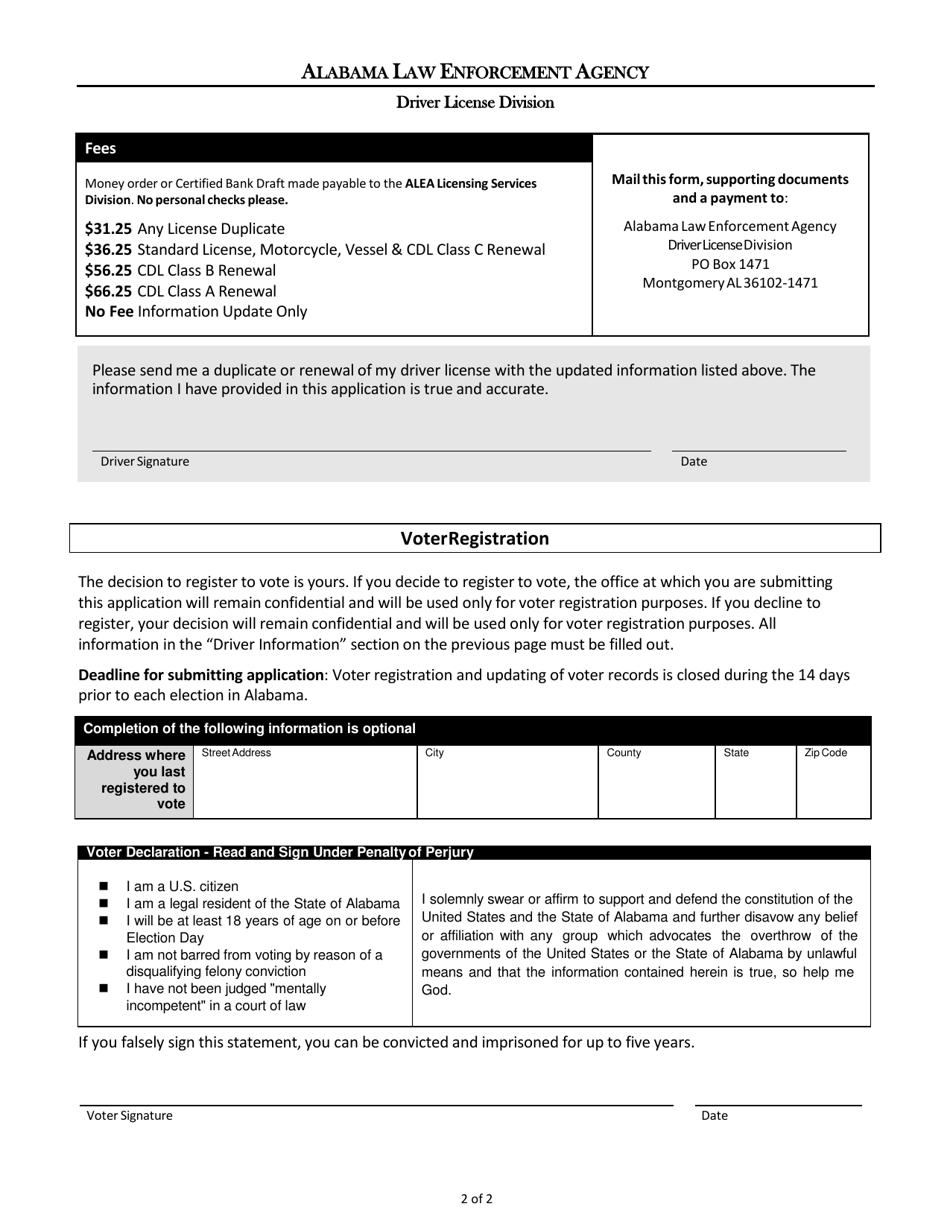 Form DL-100 Application for a Renewal or Duplicate License for Alabama Drivers Temporarily out of State - Alabama, Page 2