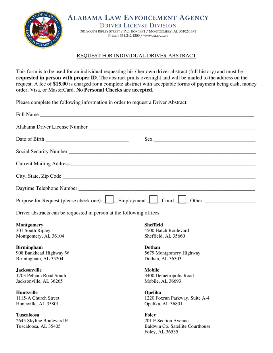 Request for Individual Driver Abstract - Alabama, Page 1