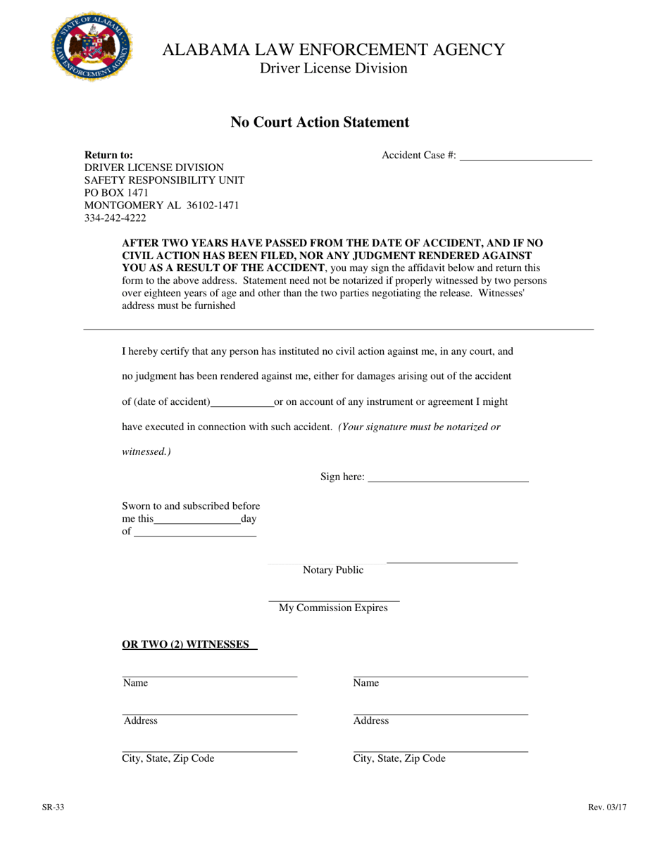 Form SR-33 No Court Action Statement - Alabama, Page 1