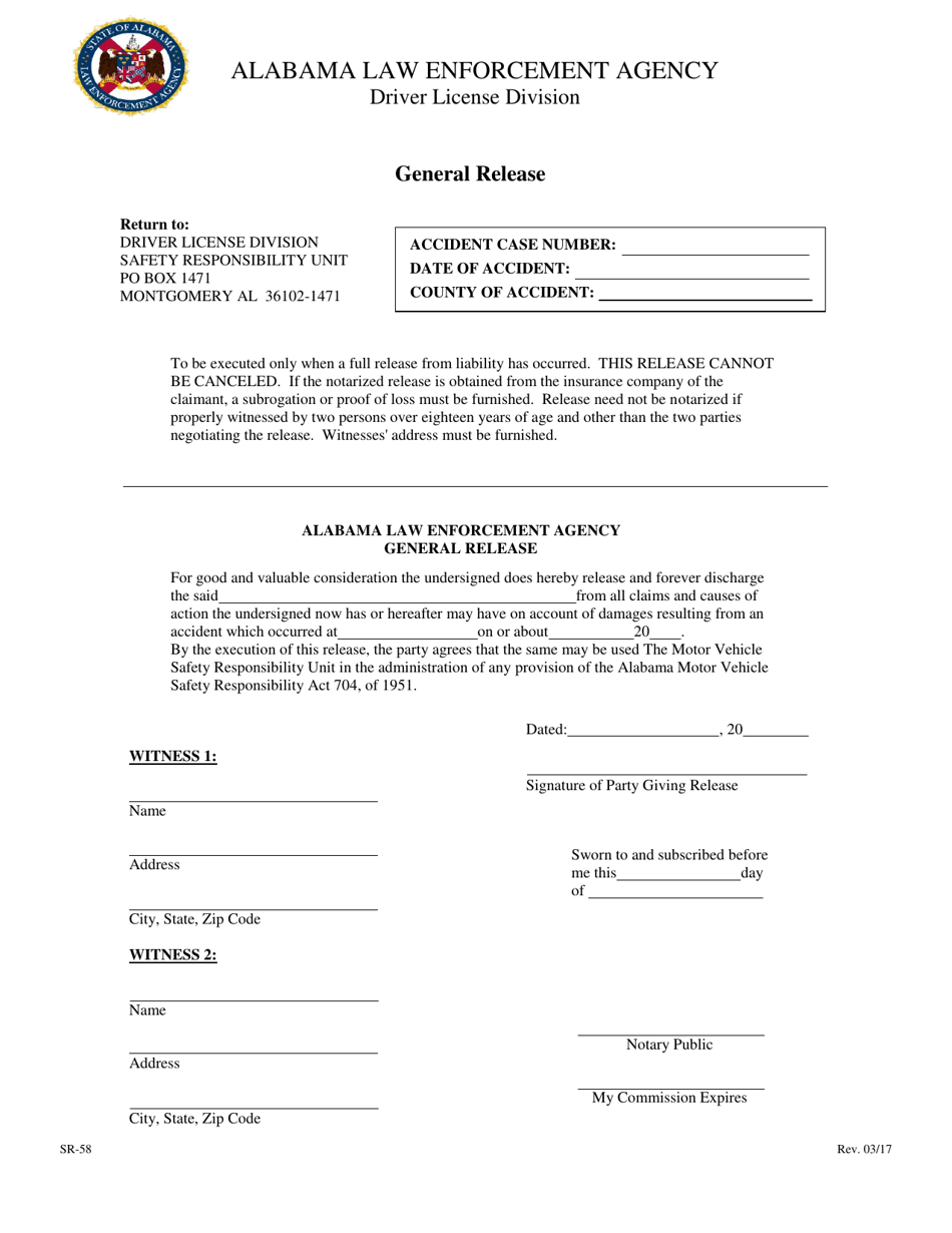 Form SR-58 General Release - Alabama, Page 1