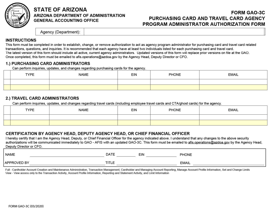 Form GAO-3C Purchasing Card and Travel Card Agency Program Administrator Authorization Form - Arizona, Page 1