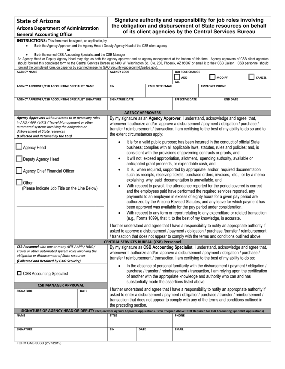 Form GAO-3CSB Signature Authority and Responsibility for Job Roles Involving the Obligation and Disbursement of State Resources on Behalf of Its Client Agencies by the Central Services Bureau - Arizona, Page 1