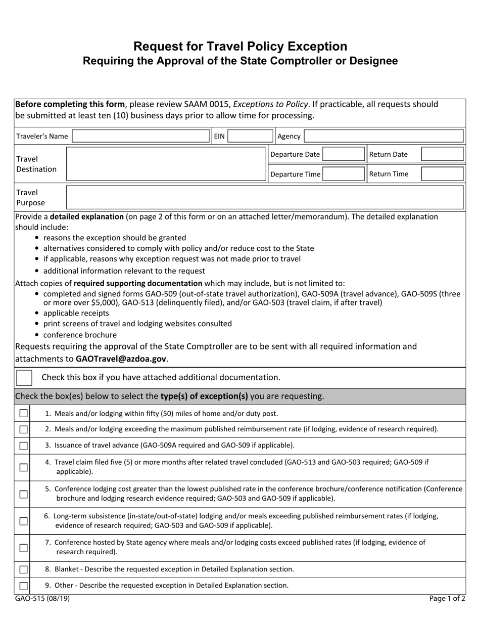 Form GAO-515 Request for Travel Policy Exception Requiring the Approval of the State Comptroller or Designee - Arizona, Page 1