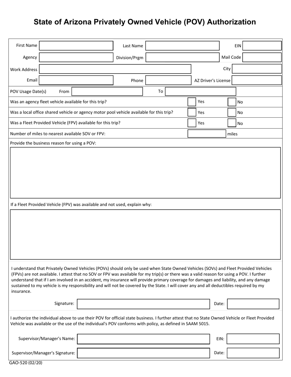 Form GAO-520 - Fill Out, Sign Online and Download Fillable PDF, Arizona ...