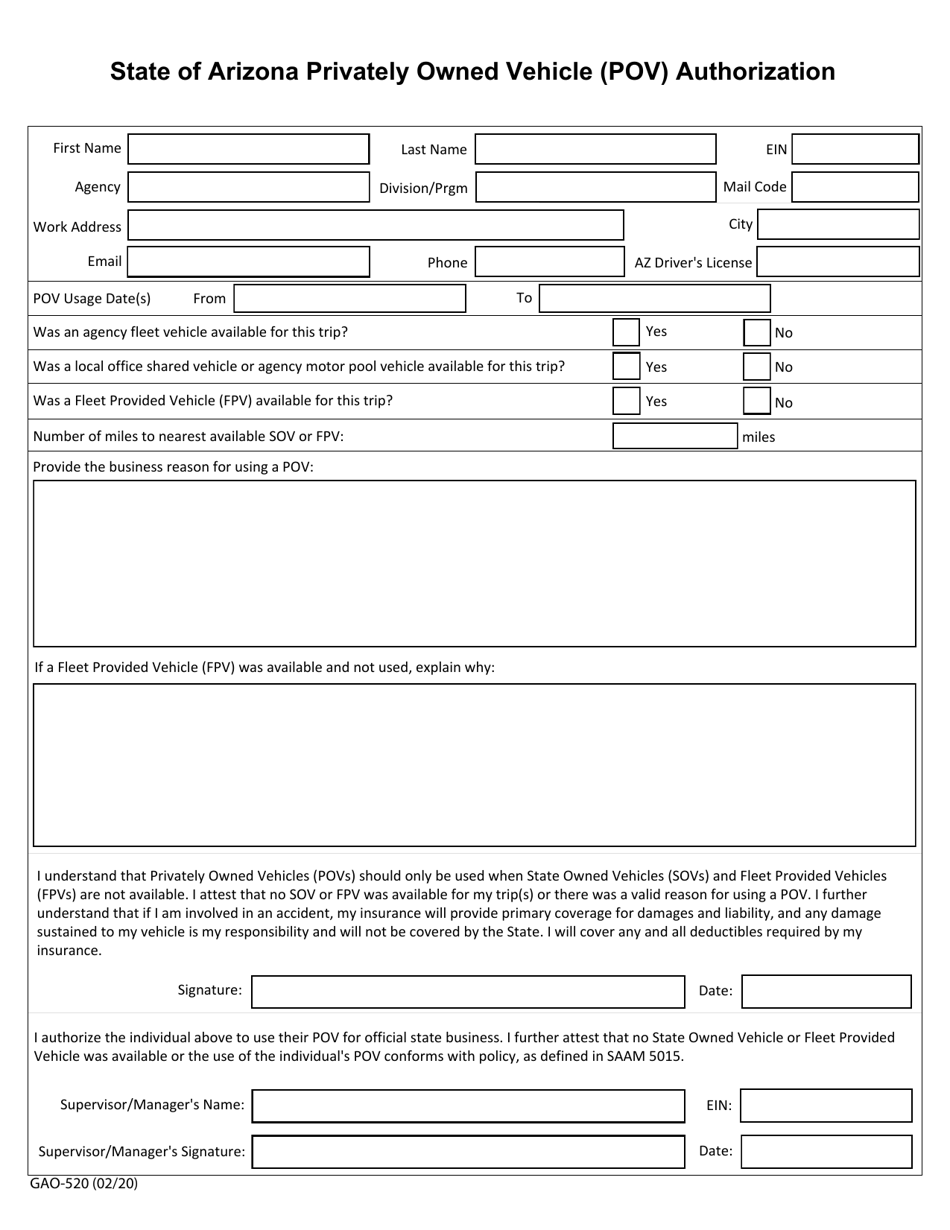 Form GAO-520 State of Arizona Privately Owned Vehicle (Pov) Authorization - Arizona, Page 1