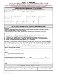 Form GAO-6 &quot;Warrant Replacement Request Certification Form&quot; - Arizona