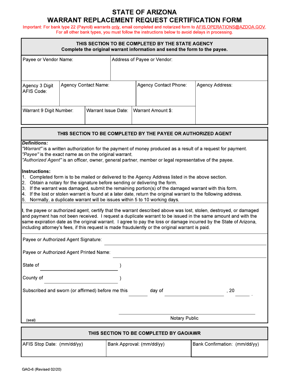 Form GAO-6 Warrant Replacement Request Certification Form - Arizona, Page 1