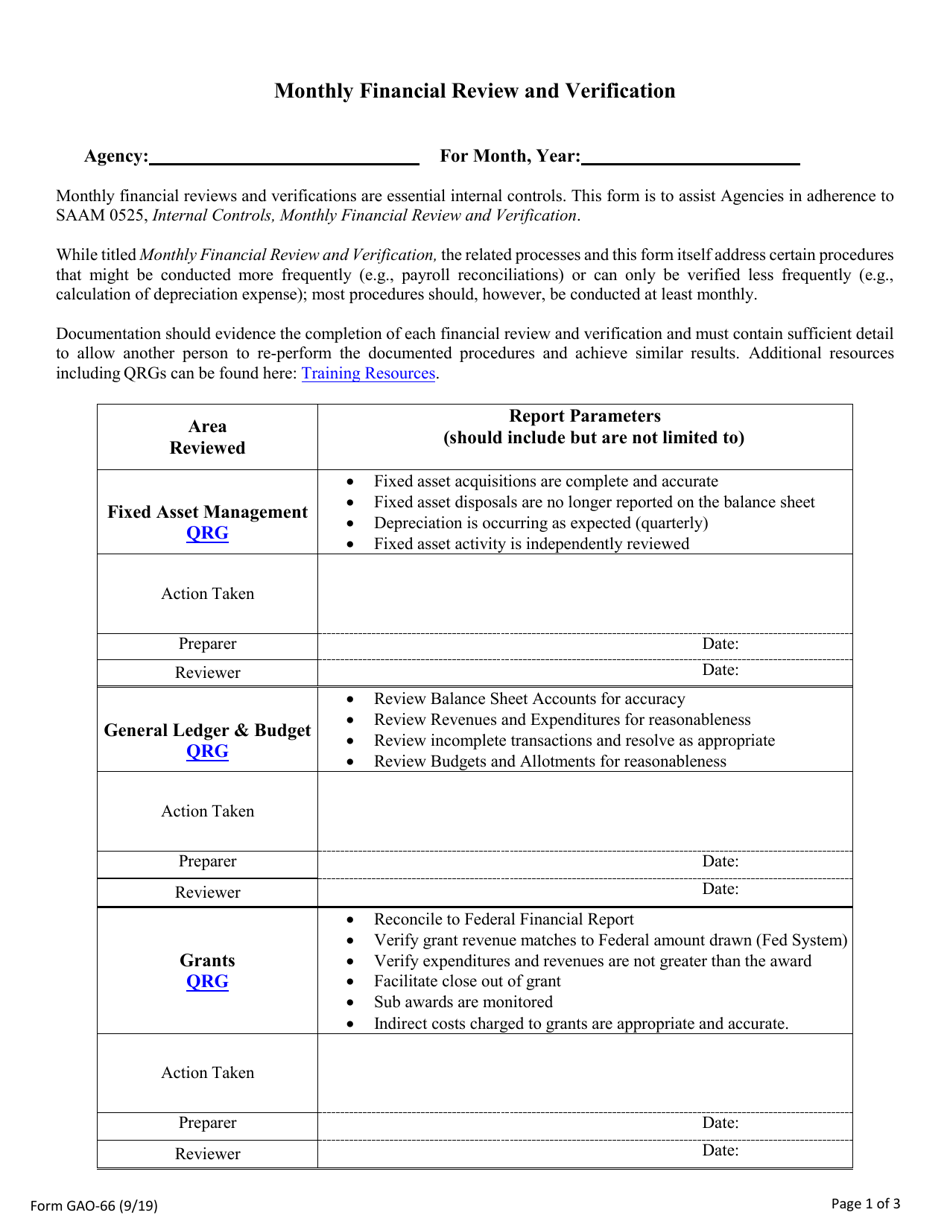 Form GAO-66 Monthly Financial Review and Verification - Arizona, Page 1