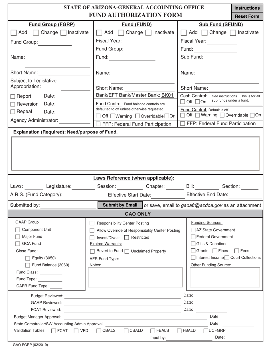 Form GAO-FGRP Fund Authorization Form - Arizona, Page 1