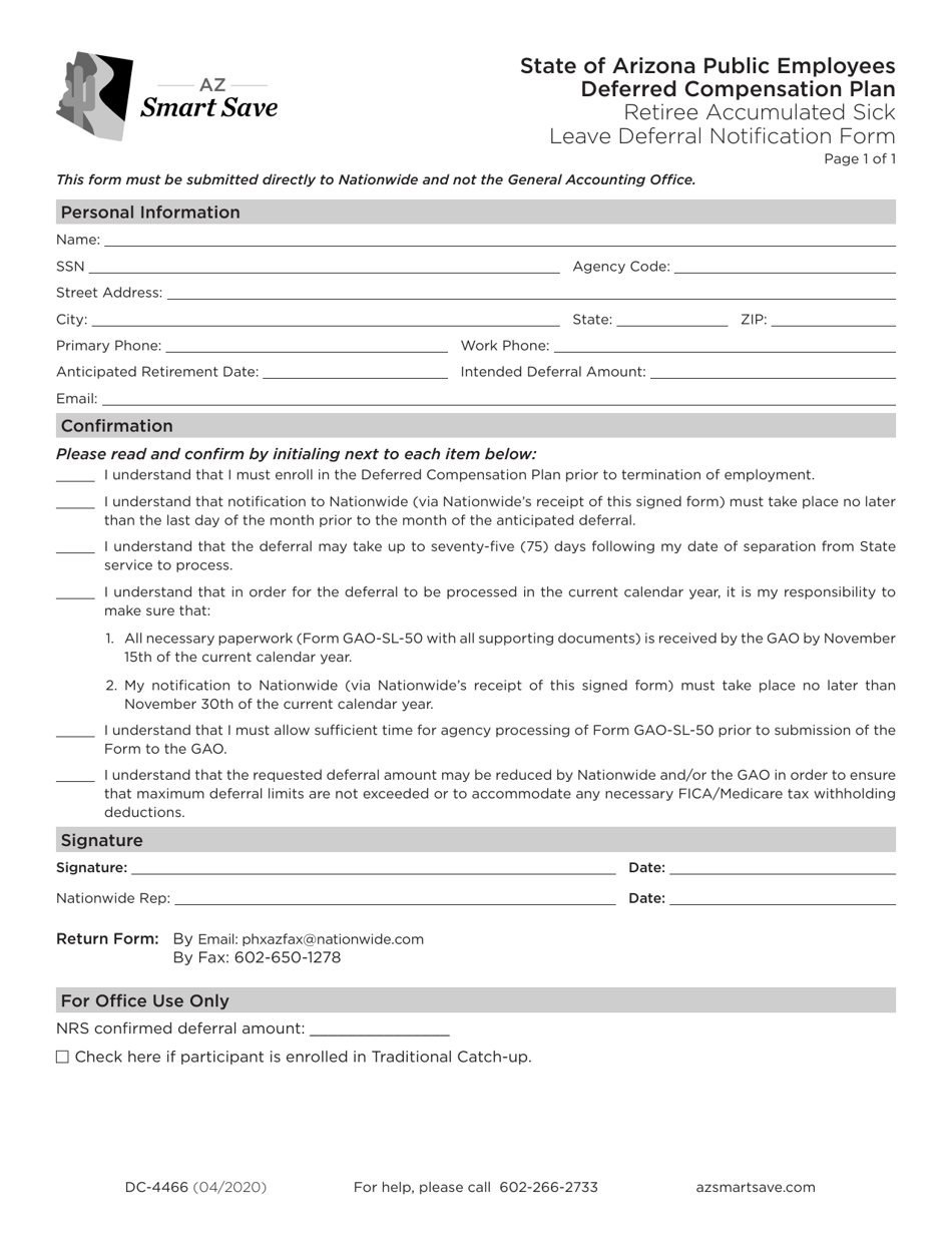 Form DC-4466 Nationwide Rasl Deferral Notification Form - Arizona, Page 1