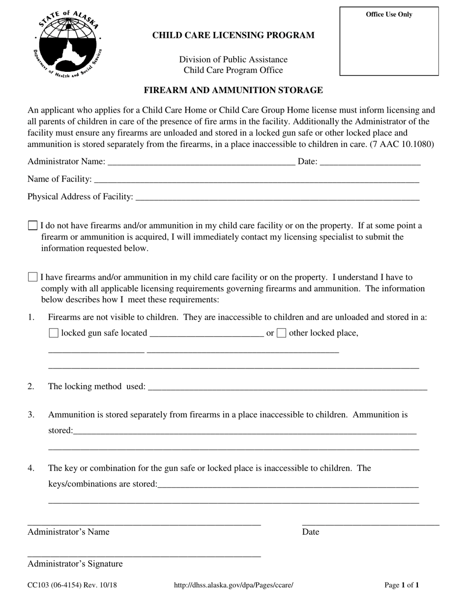 Form CC103 Firearm and Ammunition Storage - Alaska, Page 1