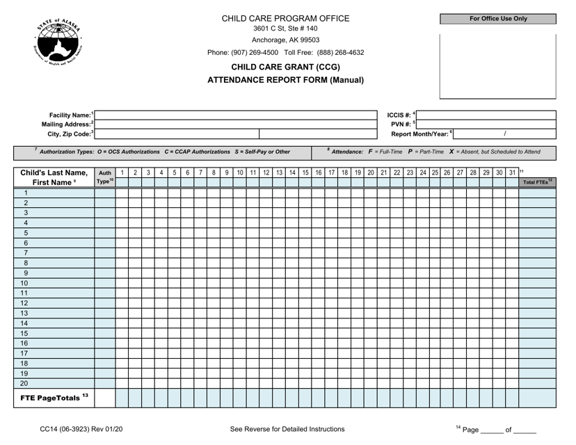 Form CC14 Child Care Grant (Ccg) Attendance Report Form (Manual) - Alaska